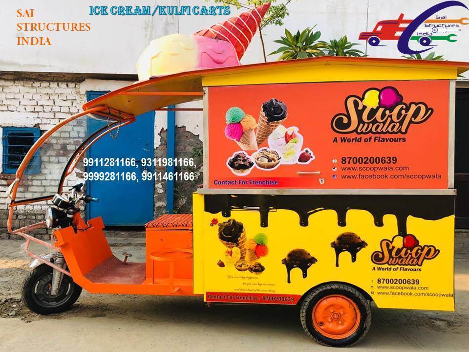 Scoopwala Ice Cream Cart - 5.6ft X 3ft, Stainless Steel & M.s. Frame, Eco Vinyl Printing, Custom Glycol Freezer, Integrated E-rickshaw, Led Lighting & Waffle Burner
