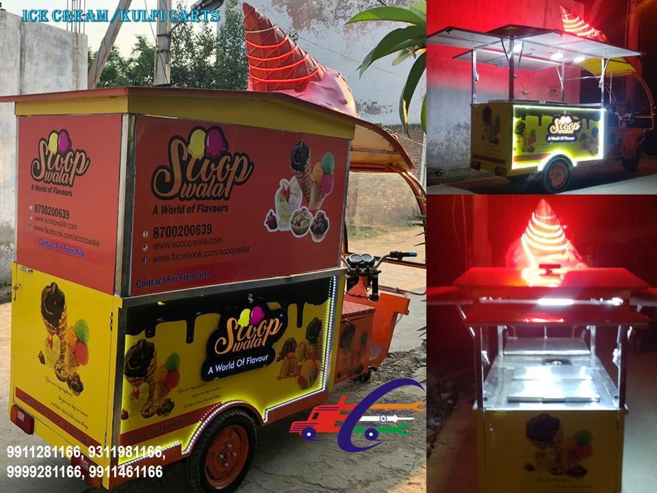 Scoopwala Ice Cream Cart - 5.6ft X 3ft, Stainless Steel & M.s. Frame, Eco Vinyl Printing, Custom Glycol Freezer, Integrated E-rickshaw, Led Lighting & Waffle Burner