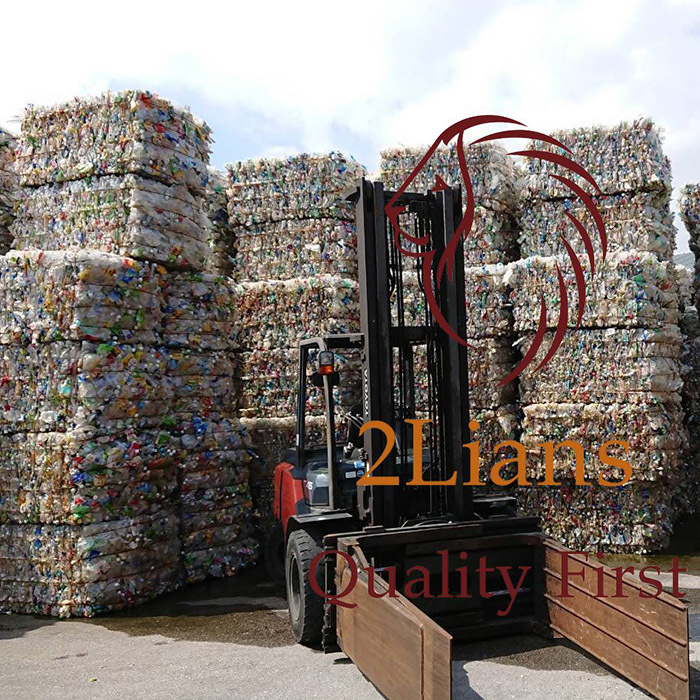 Polyethylene Terephthalate Pet Bottle On Bales Mix Color Plastic Scrap Transparent And Mix Label