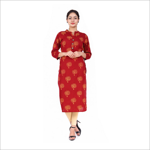 Ethnic Designer Printed Kurti - Rayon Fabric, All Sizes, Red Color, Full Sleeve | Machine Wash, Quick Dry, Suitable For Rainy & Spring Seasons