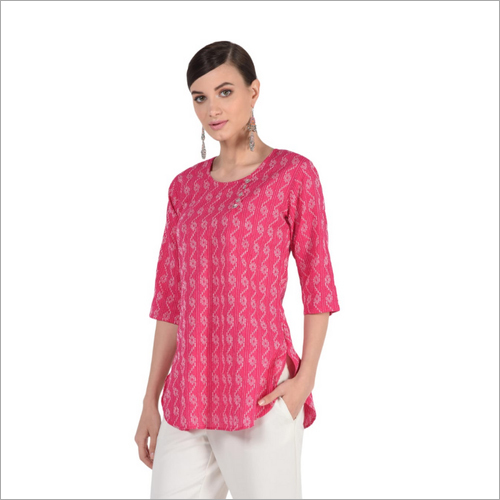 Ladies Printed Short Kurti - Rayon Fabric, Available in L, XL, XXL Sizes, Pink Color | Stylish Casual Wear with 3/4th Sleeves, Quick Dry and Washable Features