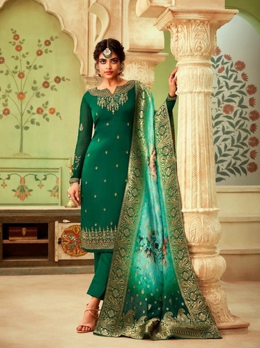 Green Glossy Brand  Satin Georgette Salwa Suits