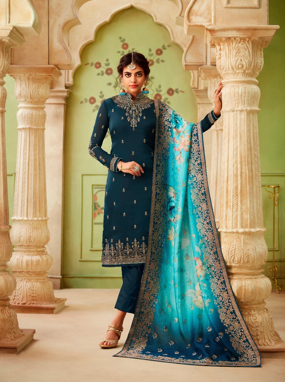 Green Glossy Brand Satin Georgette Salwa Suits