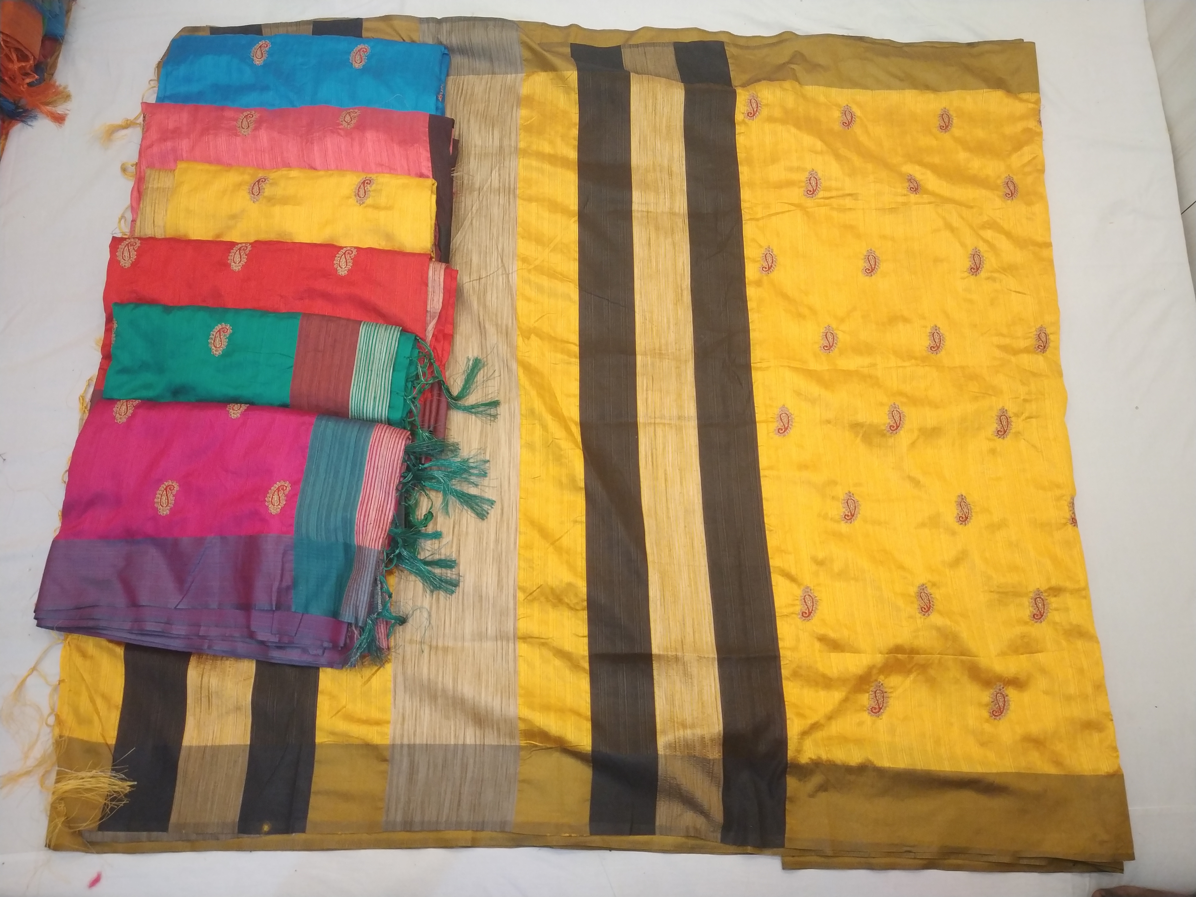 Linen - 5.5x1.5m, Yellow | Handloom Moonga Linen Saree With Hand Embroidery, Blouse Piece Included, Elegant Design, Durable And Soft Texture