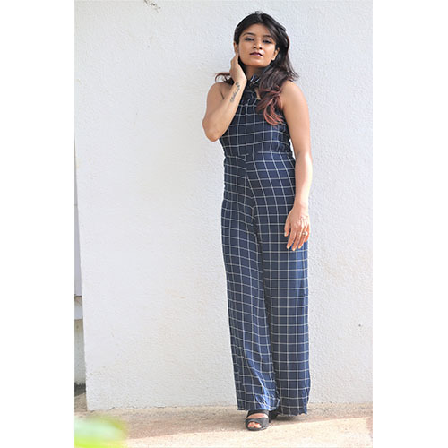 Rayon Backless Jumpsuit - Blue Checked Design | Sleeveless, Regular Fit, Full Length