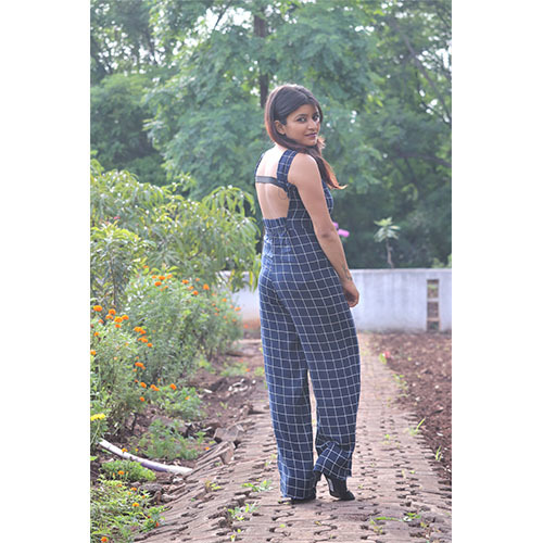 Rayon Backless Jumpsuit - Blue Checked Design | Sleeveless, Regular Fit, Full Length