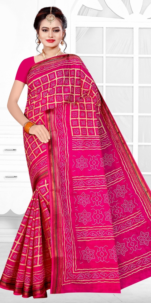 Cotton Saree - 80x100 Mulmul Cotton Bandhani With Blouse Pieces | Printed Pattern, Ideal For All Seasons: Rainy, Spring, Summer, Winter