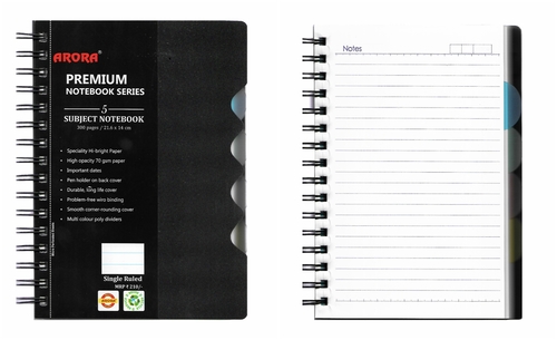 A5 Size 5 Subject Premium Wiro Notebook - 70 GSM, 300 Pages, Durable Poly Cover, Rounded Corners, Micro-Perforated Sheets, Multi-Coloured Dividers