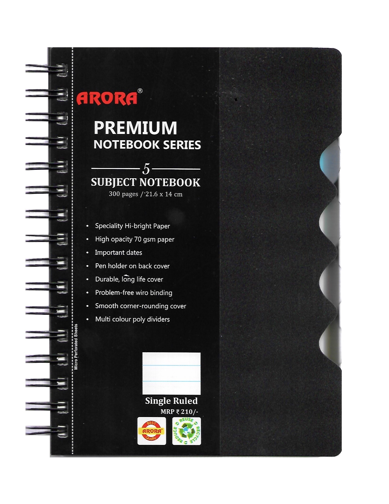 A5 Size 5 Subject Premium Wiro Notebook - 70 Gsm, 300 Pages, Durable Poly Cover, Rounded Corners, Micro-perforated Sheets, Multi-coloured Dividers
