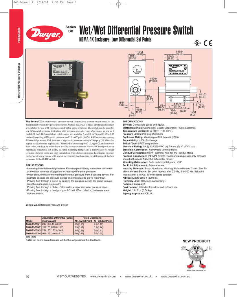 Dwyer Dxw-11-153-2 Differential Pressure Switch Measure Pressure Of: Gas