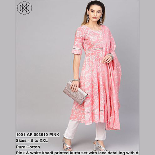 शुद्ध कपास का गुलाबी और सफेद खादी प्रिंट सेट लेस डिटेलिंग के साथ और दुपट्टा के साथ