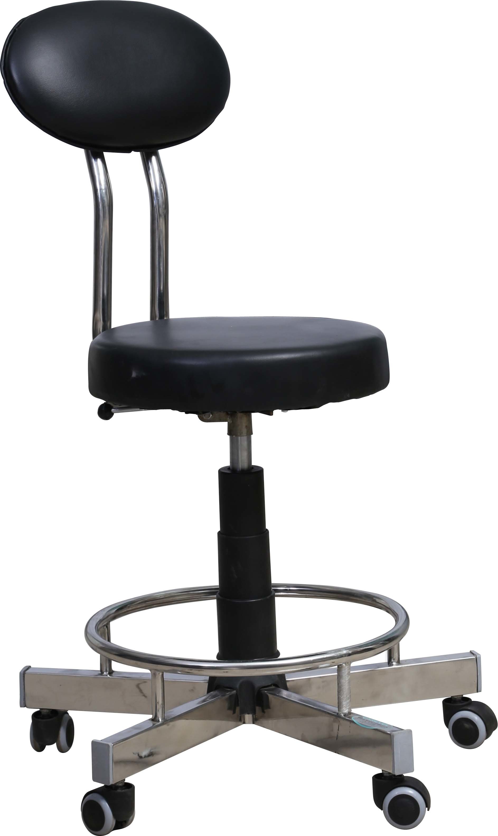 Hospital Revolving Stool - Stainless Steel Frame, 18x27 Adjustable Height, Black Leather Seat | Durable, Rotatable Design With 5 Wheels