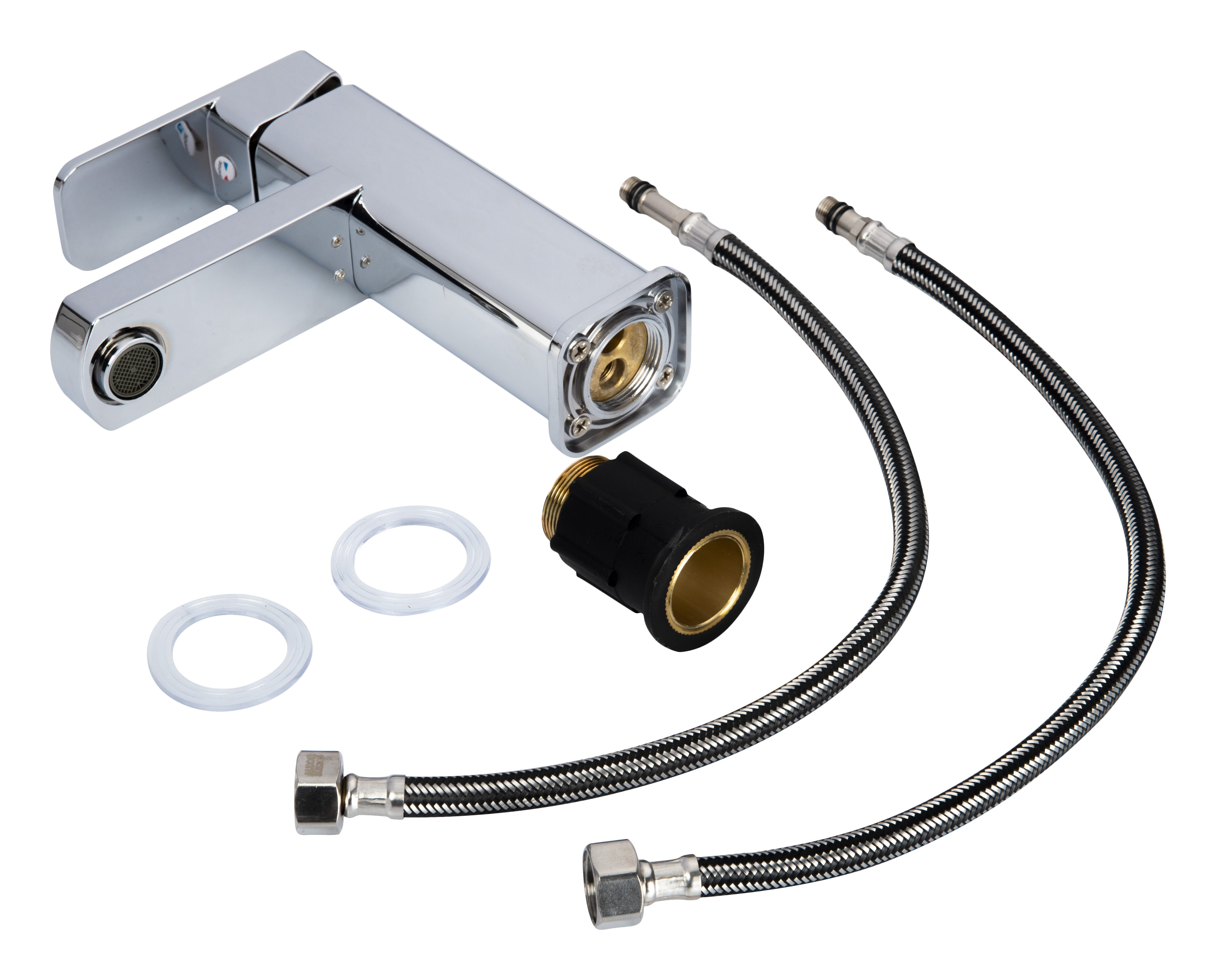 Sanitary Ware Suite Alton 9001 Single Lever Basin Mixer, Hot & Cold Mixer With 18" Ss-304 Hose Pipe (Chrome)
