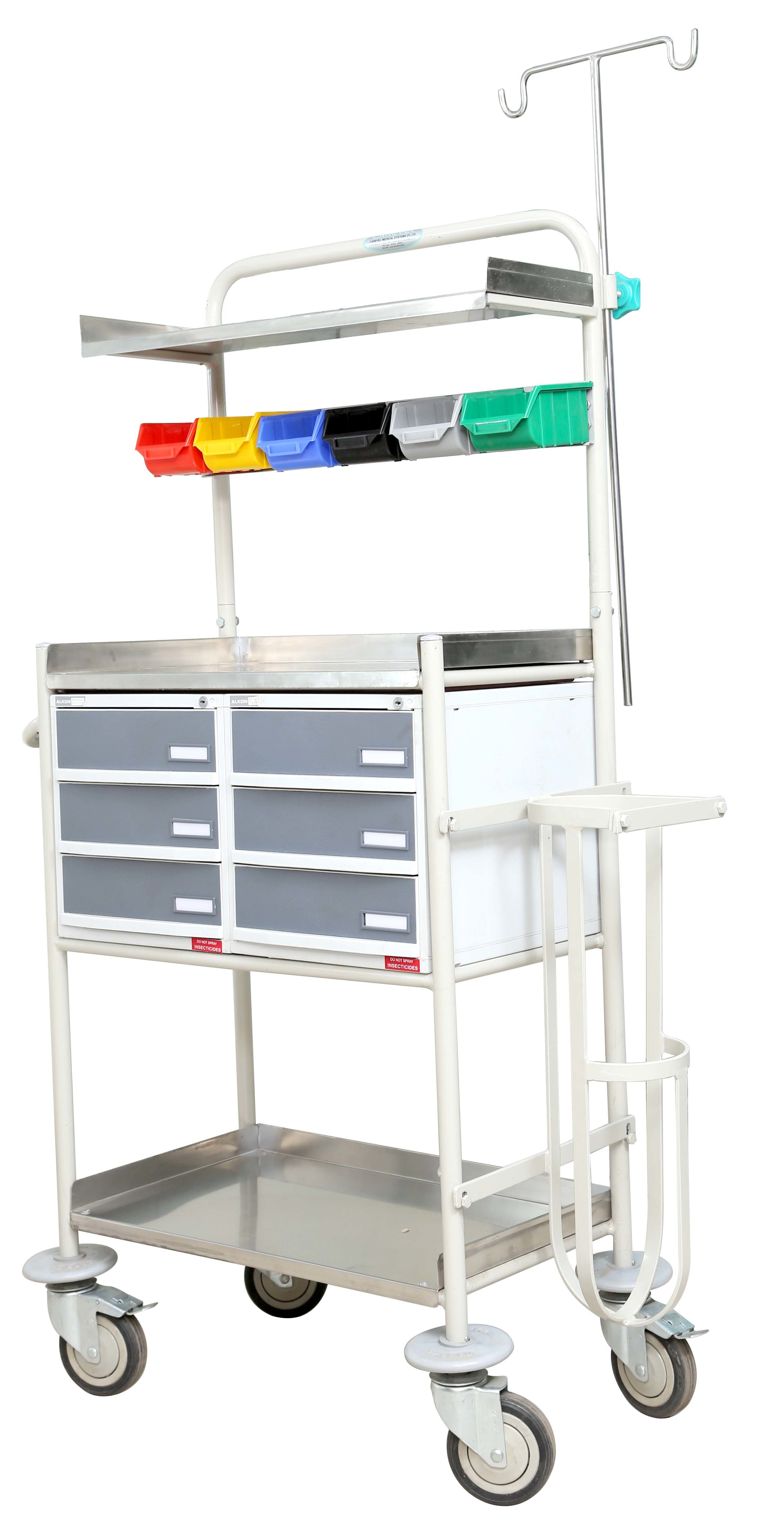 Crash Cart - Stainless Steel, 940mm L X 490mm W X 1535mm H, Six Coloured Bins, Lockable Storage Units With Drawers, Four Swivel Castors, Cardiac Massage Board
