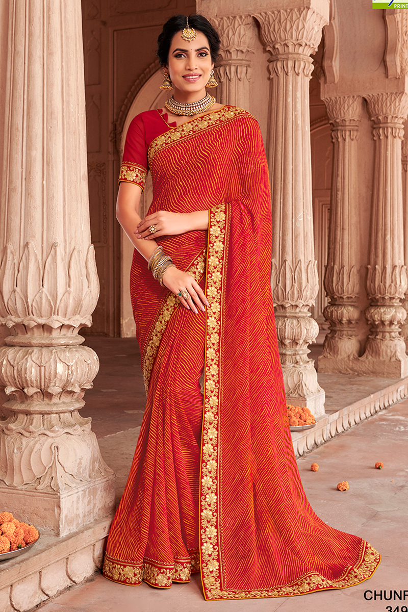 Orange Printed Bandhej Saree