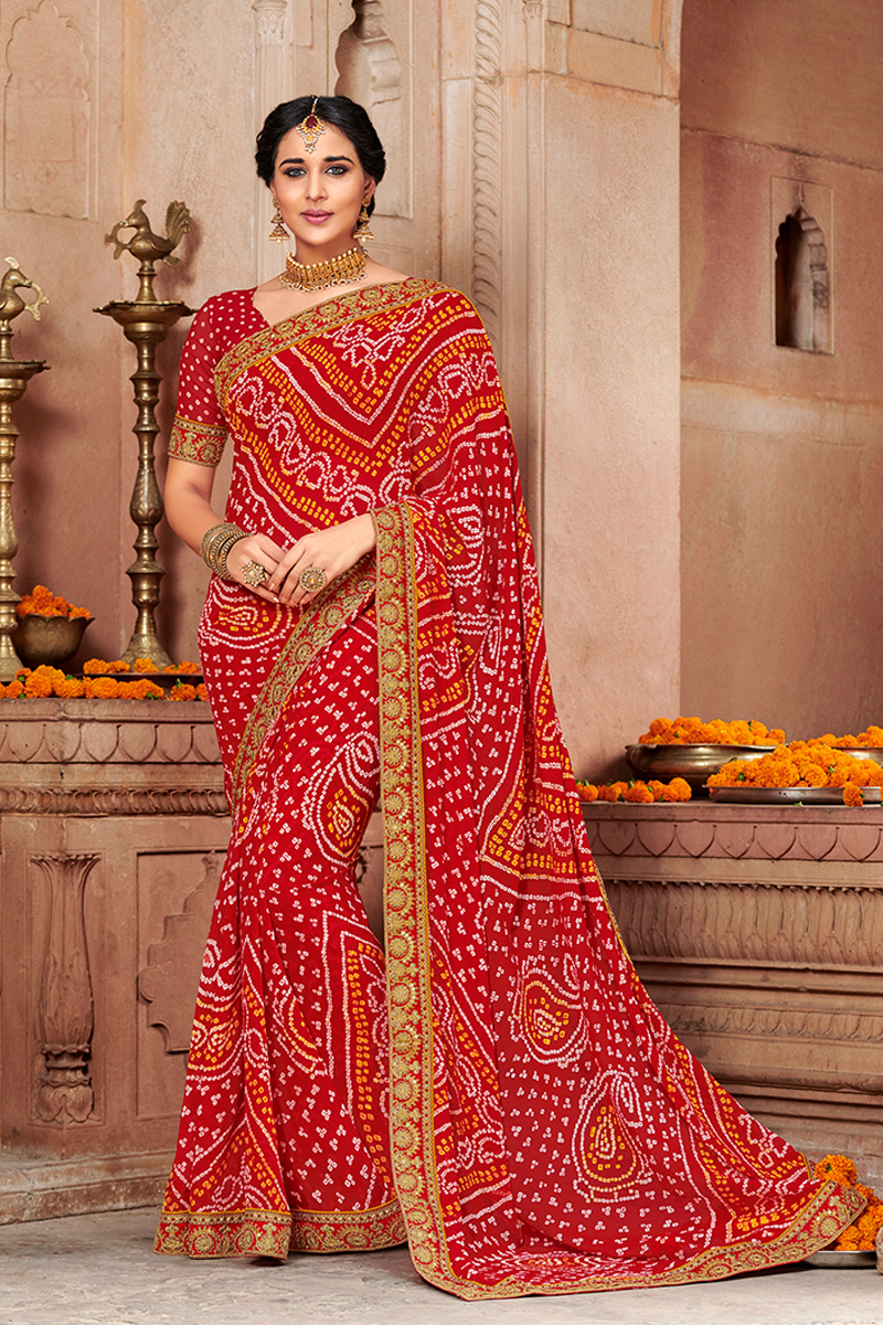 Red Printed Georgette Bandhani Saree