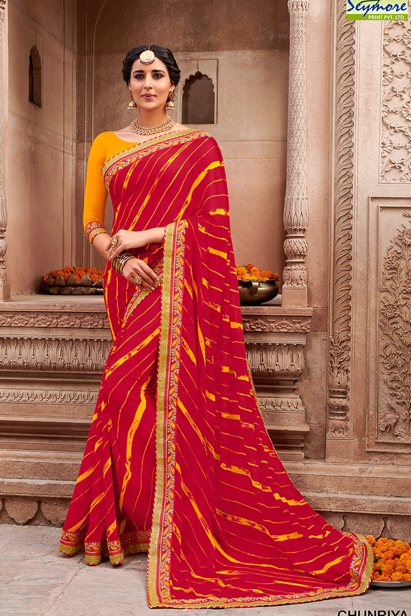 Traditional Bandhani Saree - Georgette Fabric 5.5 Mtr With Blouse, Red Color With Heavy Lace Border Work & Resam Embroidery