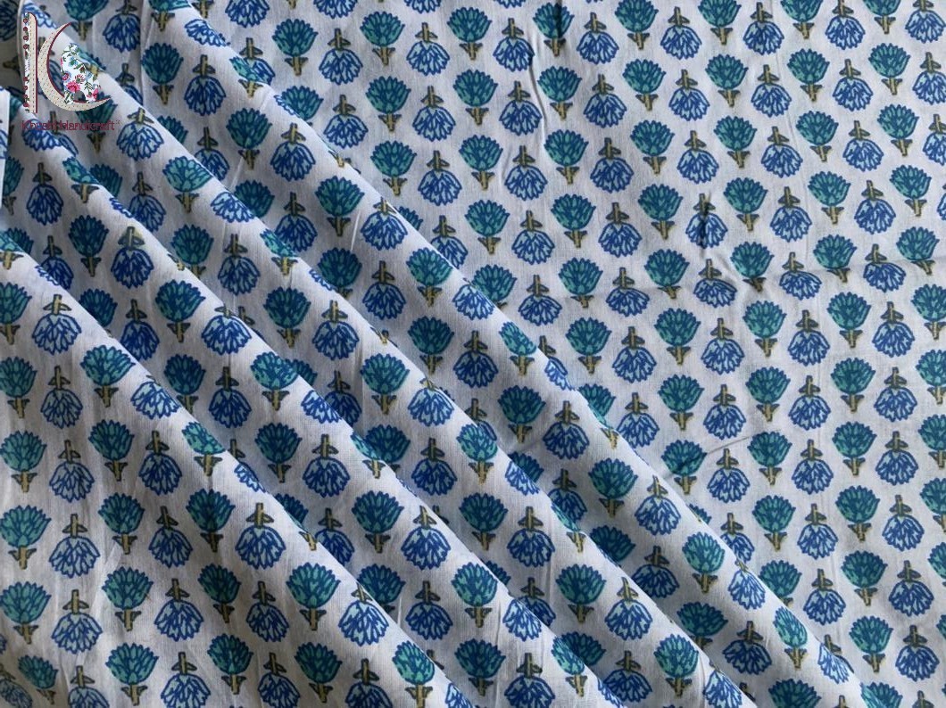 Jaipuri Print Fabric - Cotton Textile, 10 Meters X 44 Inches | Light Weight, Quick Dry, Unique Hand Block Printed Designs In Blue And Light Blue