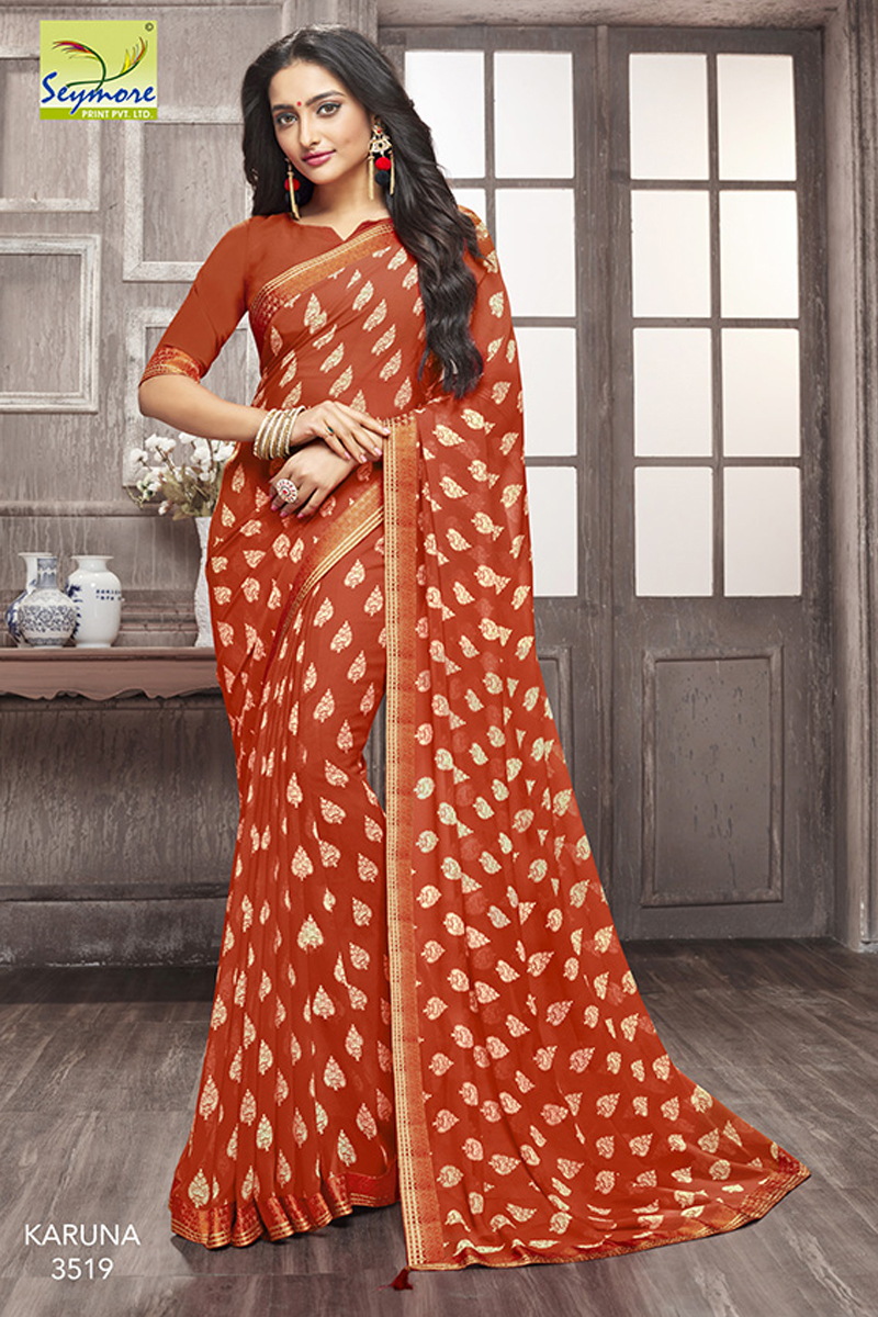 Traditional Georgette Saree - 5.5 Mtr With 0.80 Mtr Blouse | Eye-catchy Orange Butta Print, Soft Touch, Comfortable Wear