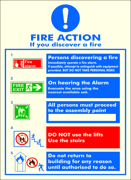Mandatory Fire Signs - Pvc Photoluminescent Rigid Sheet 1.5 Mm, Green & Red | Waterproof, Night Glow, No Power Needed, Industrial & Commercial Use