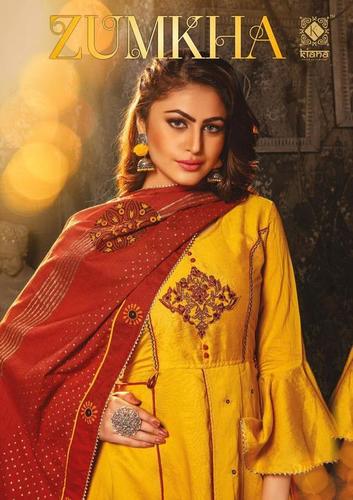 Indian Fancy Chanderi Long Kurti With Embroidery Work With Dupatta Block Print