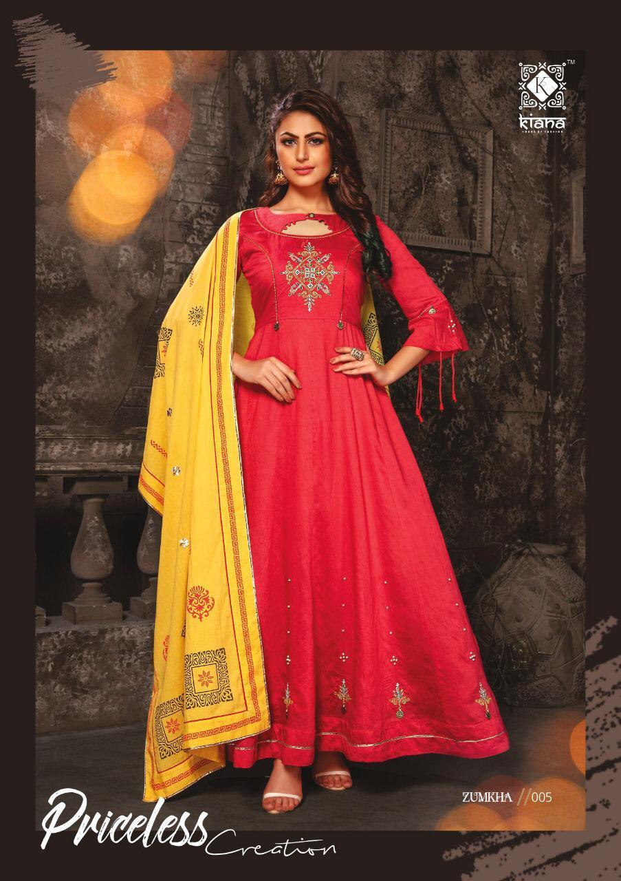 Indian Fancy Chanderi Long Kurti With Embroidery Work With Dupatta Block Print