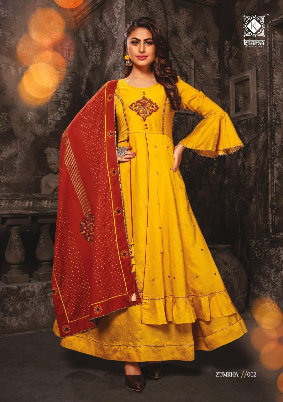 Indian Fancy Chanderi Long Kurti With Embroidery Work With Dupatta Block Print