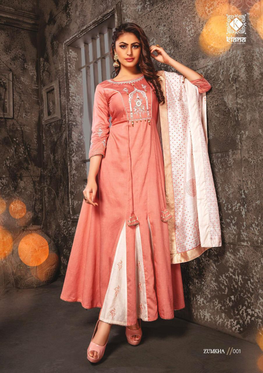 Indian Fancy Chanderi Long Kurti With Embroidery Work With Dupatta Block Print