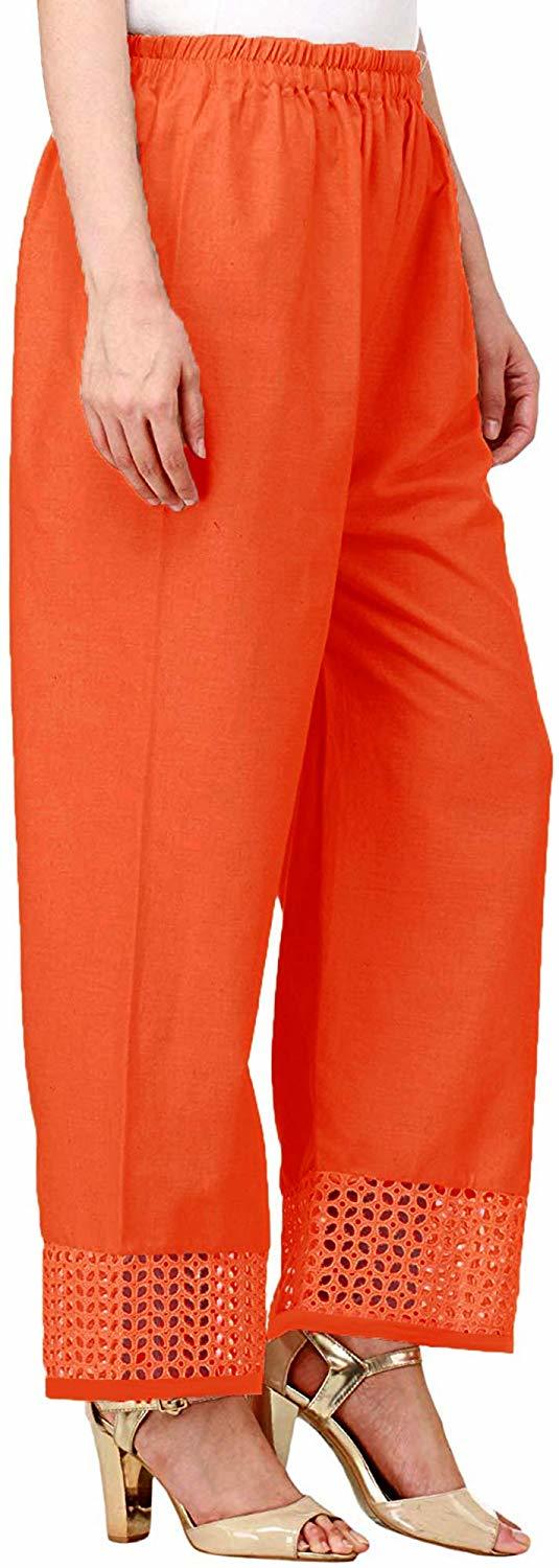 Cotton Flex Stitched Palazzo - Casual & Straight Fit, Orange With Decorative Laces | Customizable Logo, All Season Wear, Machine Washable
