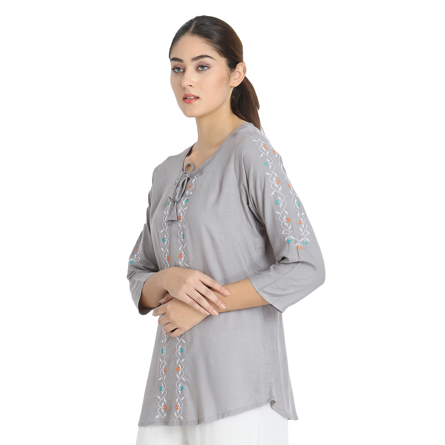 Ladies Top - 100% Rayon Stitched Short Kurti, 30 Inches Length, Solid Color, Casual Style With 3/4th Fold-up Sleeves, Suitable For Daily Wear