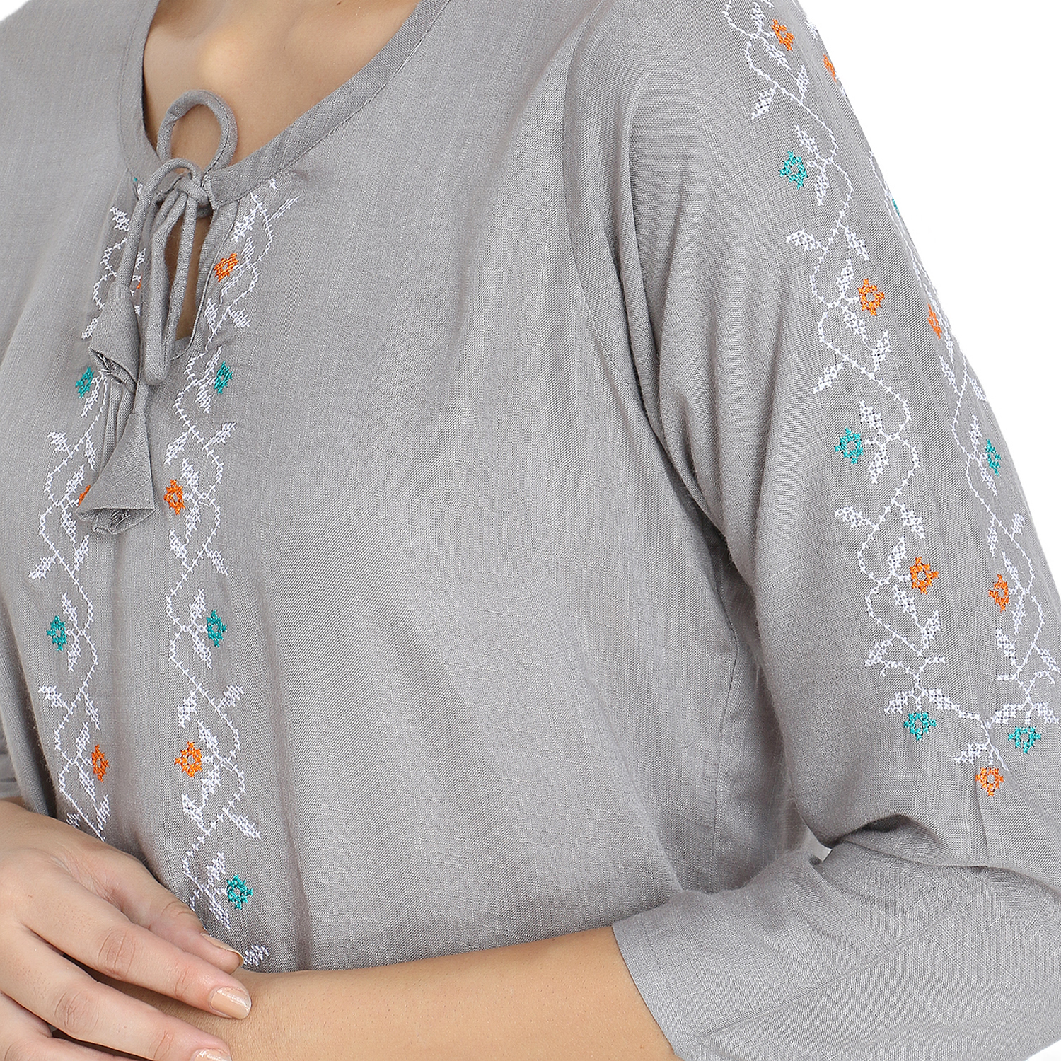 Ladies Top - 100% Rayon Stitched Short Kurti, 30 Inches Length, Solid Color, Casual Style With 3/4th Fold-up Sleeves, Suitable For Daily Wear