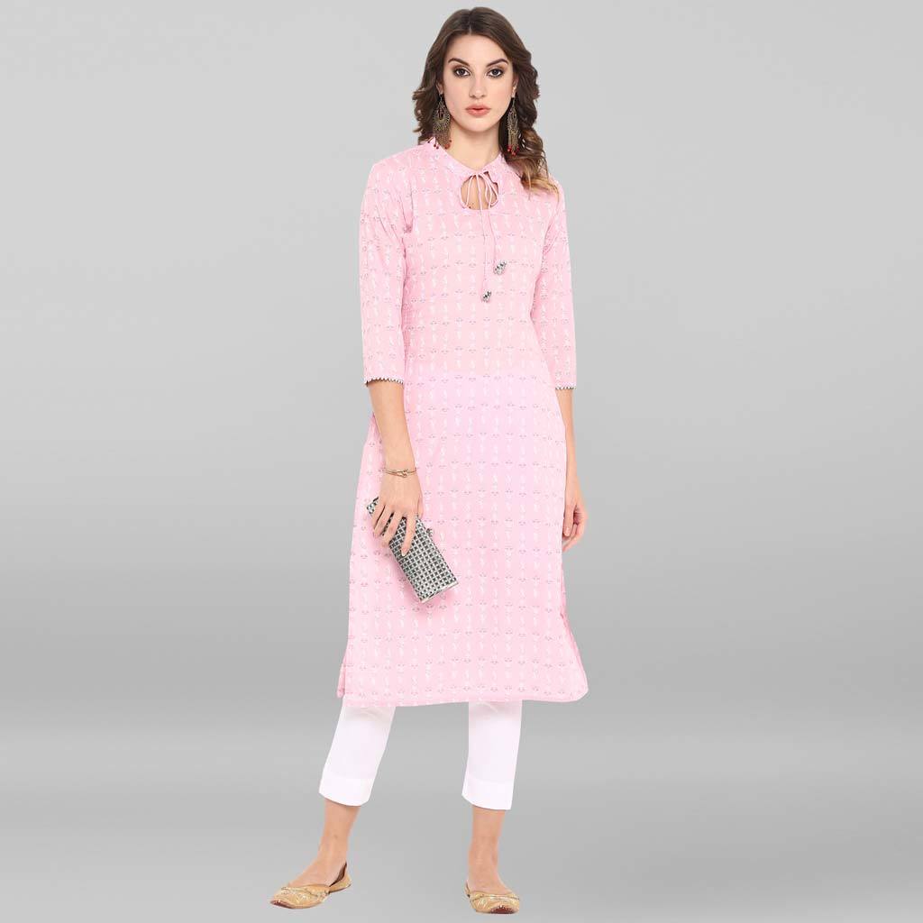 Pink Pure Cotton Kurta - Calf Length, 3/4 Sleeve, Floral Print Design | Washable, Suitable For Rainy, Spring, Summer, And Winter Seasons