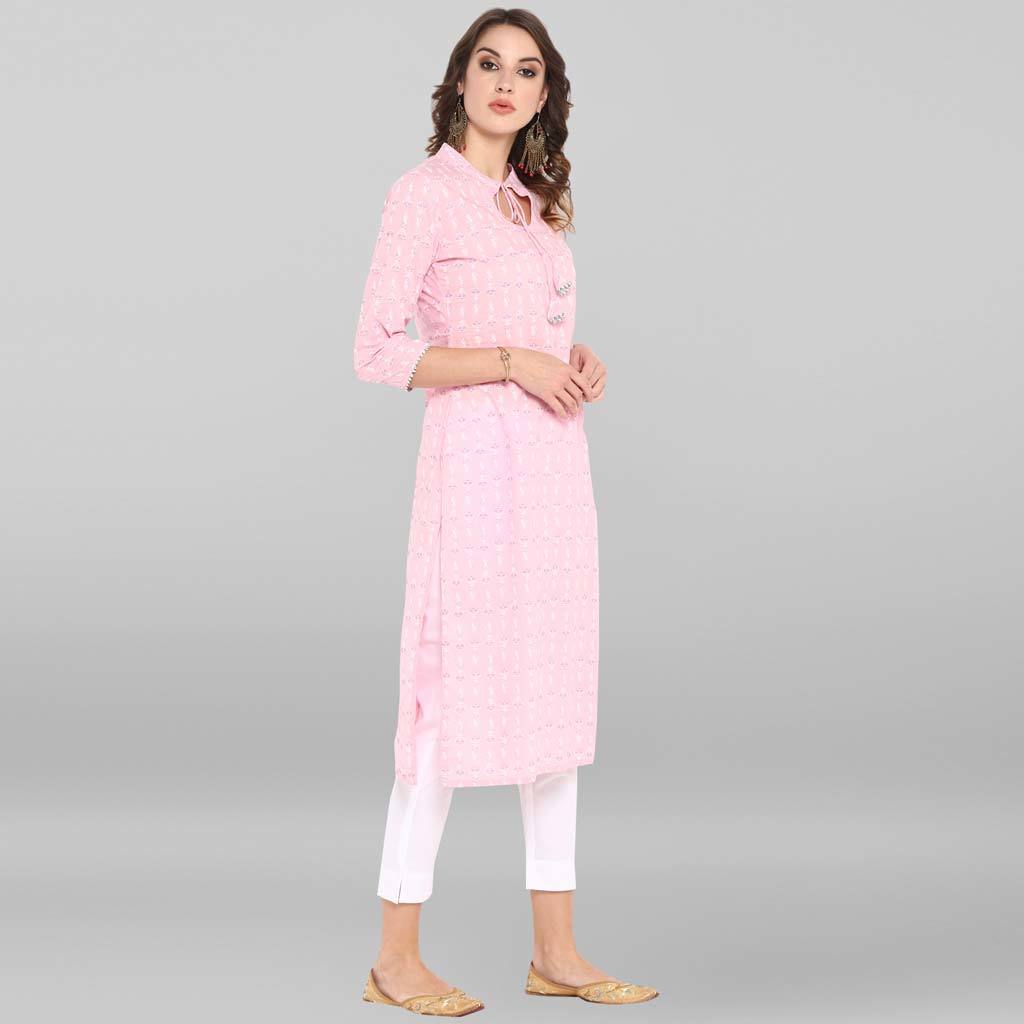 Pink Pure Cotton Kurta - Calf Length, 3/4 Sleeve, Floral Print Design | Washable, Suitable For Rainy, Spring, Summer, And Winter Seasons