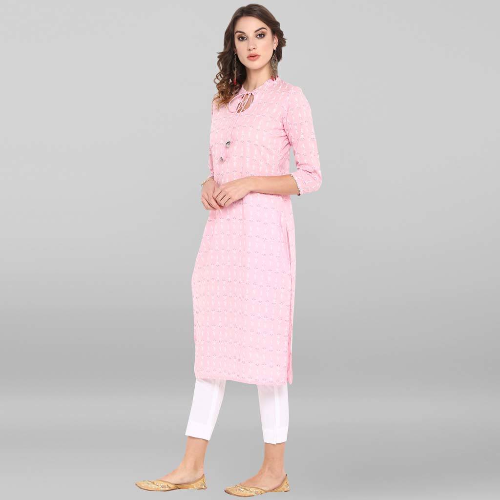 Pink Pure Cotton Kurta - Calf Length, 3/4 Sleeve, Floral Print Design | Washable, Suitable For Rainy, Spring, Summer, And Winter Seasons