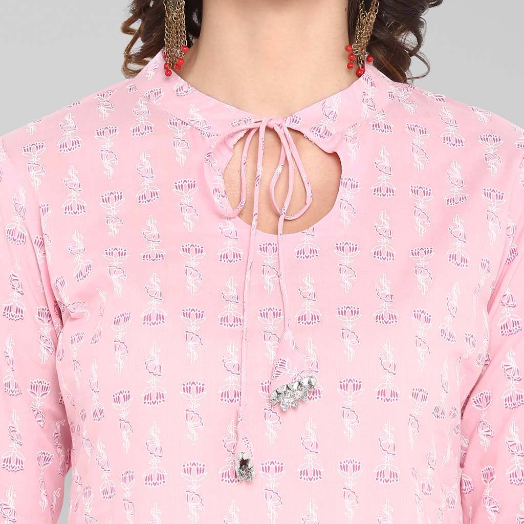 Pink Pure Cotton Kurta - Calf Length, 3/4 Sleeve, Floral Print Design | Washable, Suitable For Rainy, Spring, Summer, And Winter Seasons