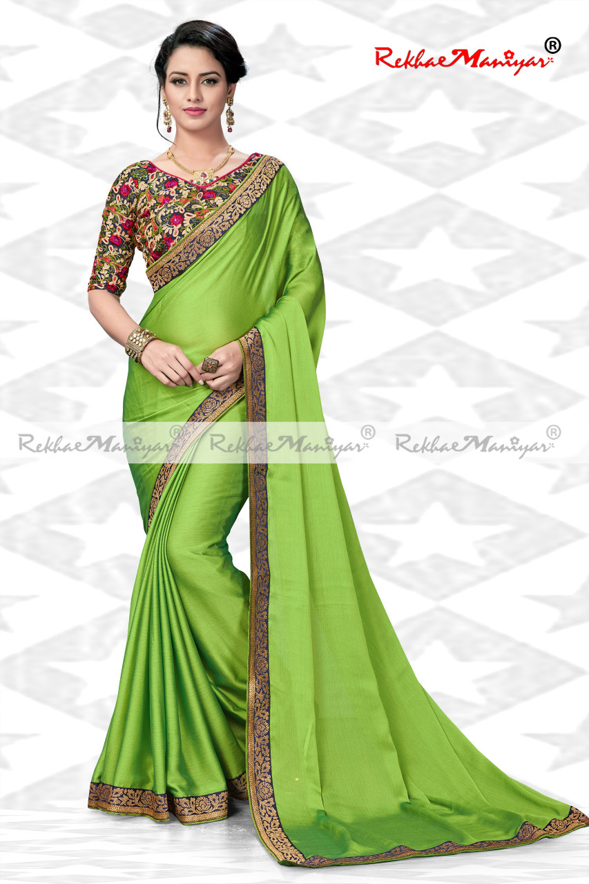 Silk Chiffon Two Tone Borders Sarees With Designer Blouse - Georgette Material, Multi Color | Plain Pattern, Other Indian Style