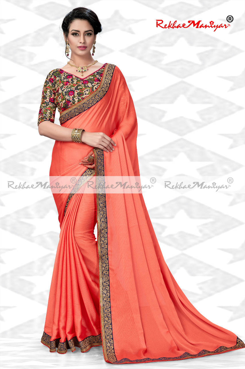 Silk Chiffon Two Tone Borders Sarees With Designer Blouse - Georgette Material, Multi Color | Plain Pattern, Other Indian Style