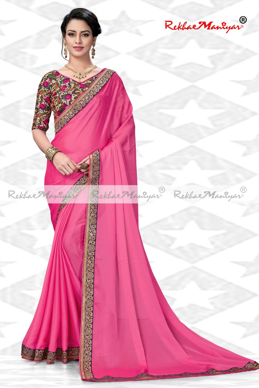 Silk Chiffon Two Tone Borders Sarees With Designer Blouse - Georgette Material, Multi Color | Plain Pattern, Other Indian Style