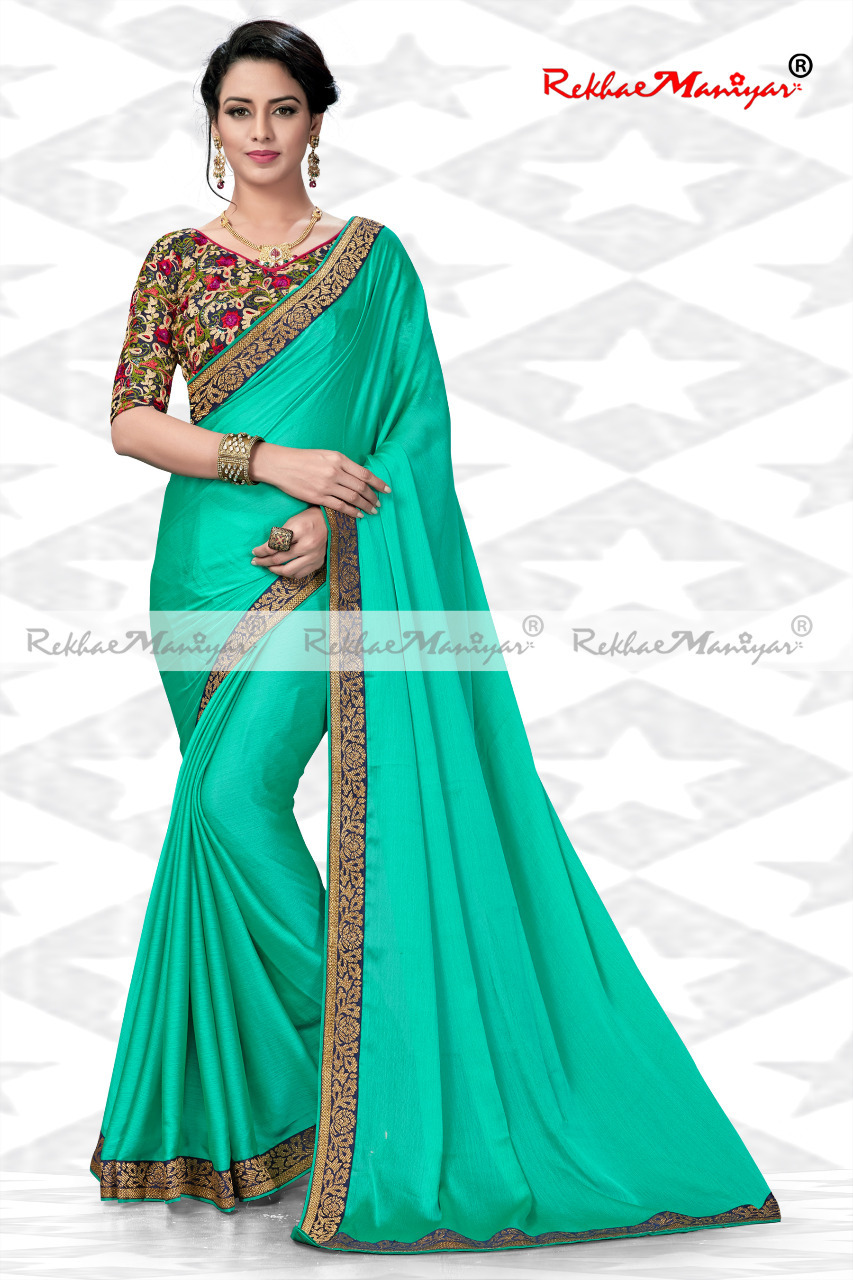 Silk Chiffon Two Tone Borders Sarees With Designer Blouse - Georgette Material, Multi Color | Plain Pattern, Other Indian Style
