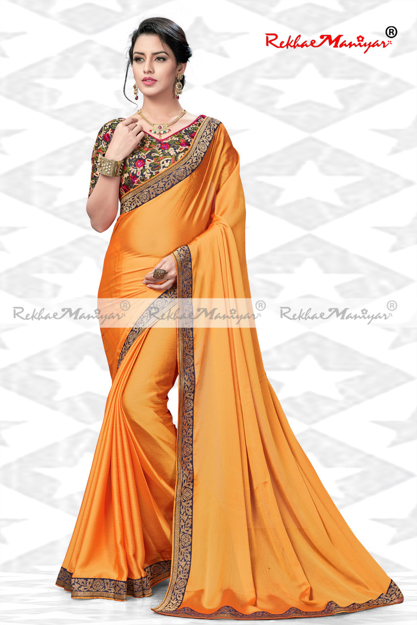 Silk Chiffon Two Tone Borders Sarees With Designer Blouse - Georgette Material, Multi Color | Plain Pattern, Other Indian Style