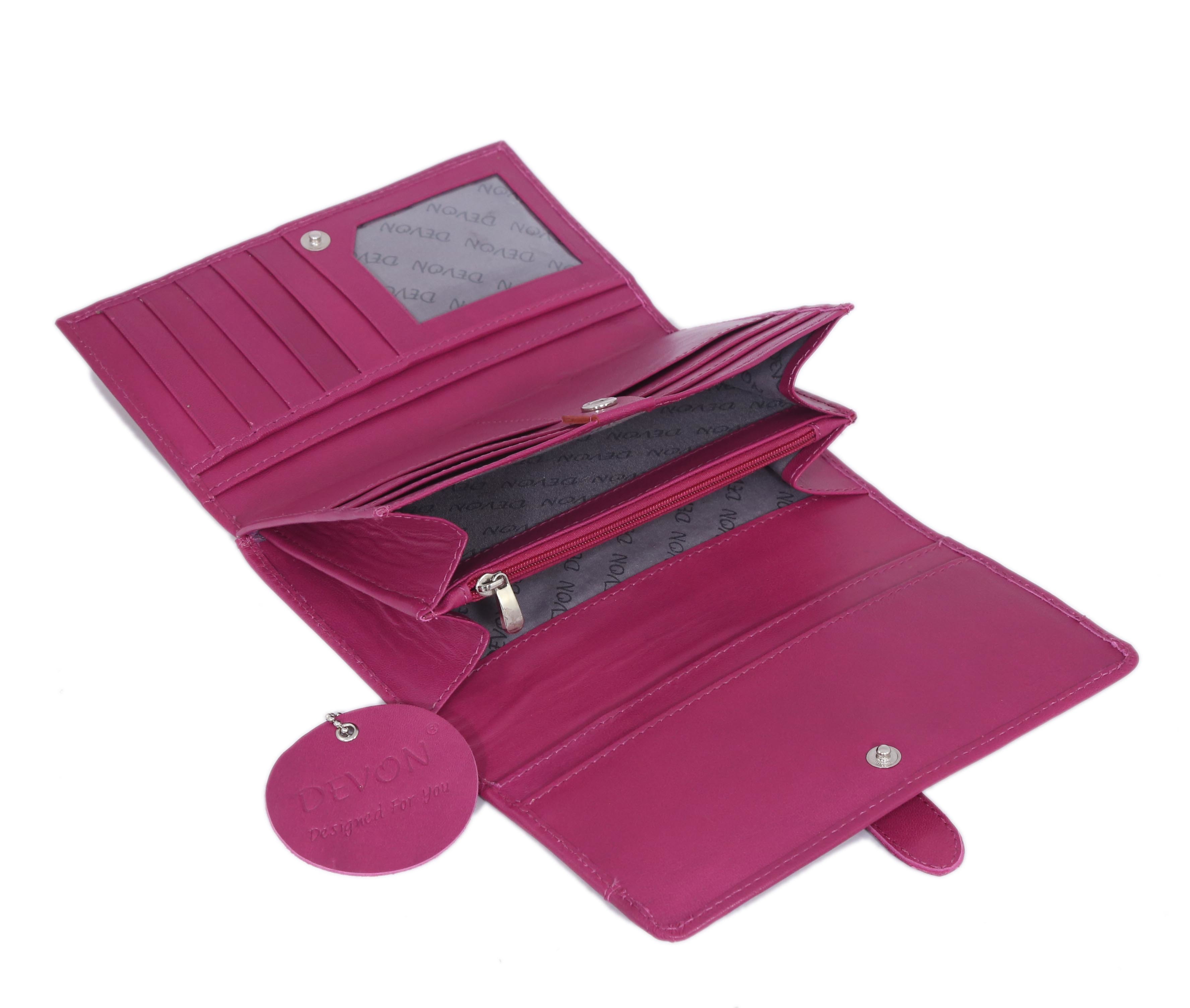 Ladies Flap Closure Wallet - Leather, Multi-compartment Design, Pink Color, Elegant And Soft Handcrafted Construction
