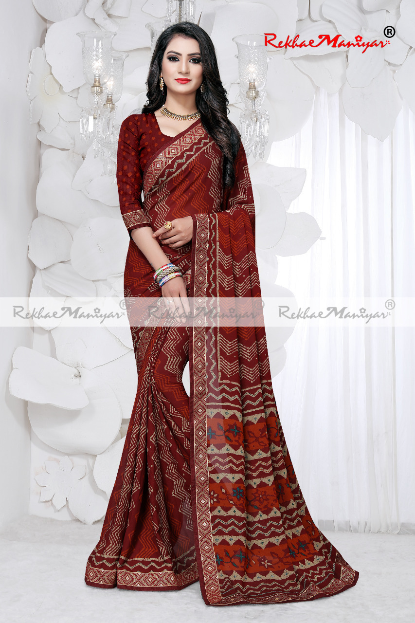 Art Silk Crepe Printed Saree - Georgette Fabric, Printed Diamond Crepe Jacquard Border, Laces Closure, Other Indian Style, Unique Work Type