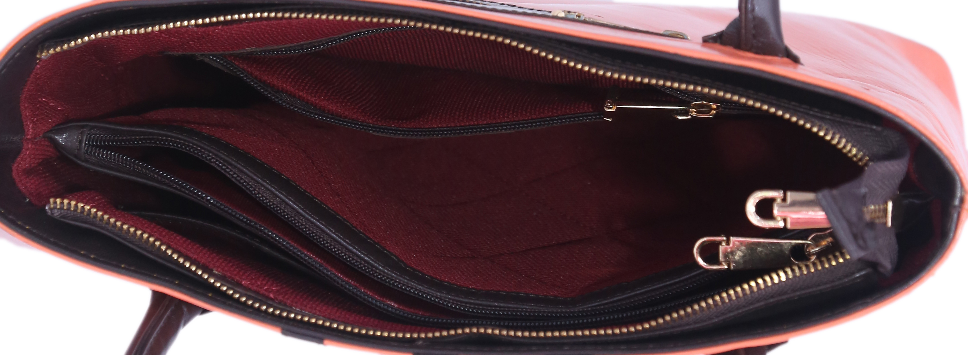 Leather Handbag - 100% Genuine Leather, Orange And Black | Gold-tone Hardware, 2 Zipper Pockets, 2 Cash Pockets, Zip Top Fastening