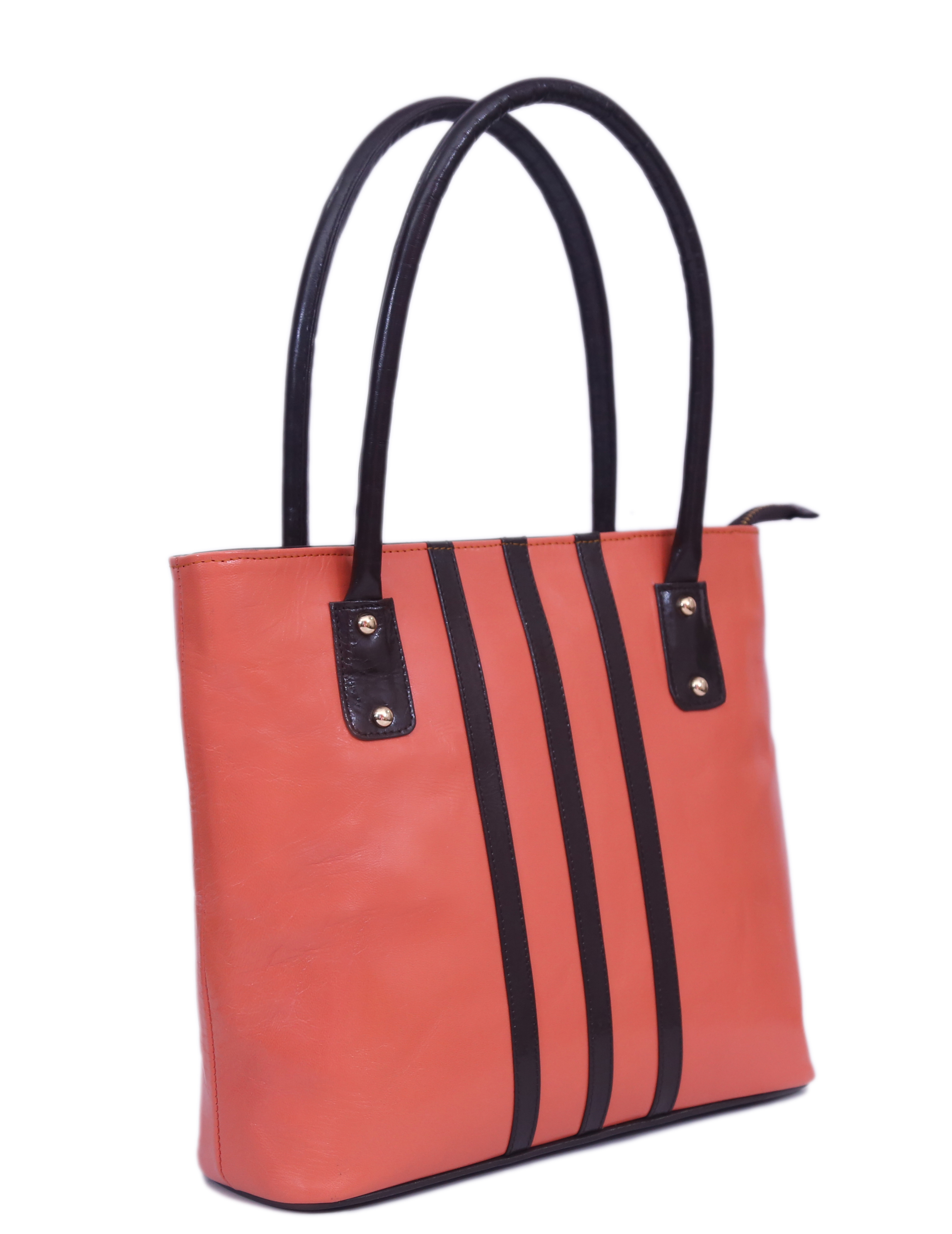 Leather Handbag - 100% Genuine Leather, Orange And Black | Gold-tone Hardware, 2 Zipper Pockets, 2 Cash Pockets, Zip Top Fastening