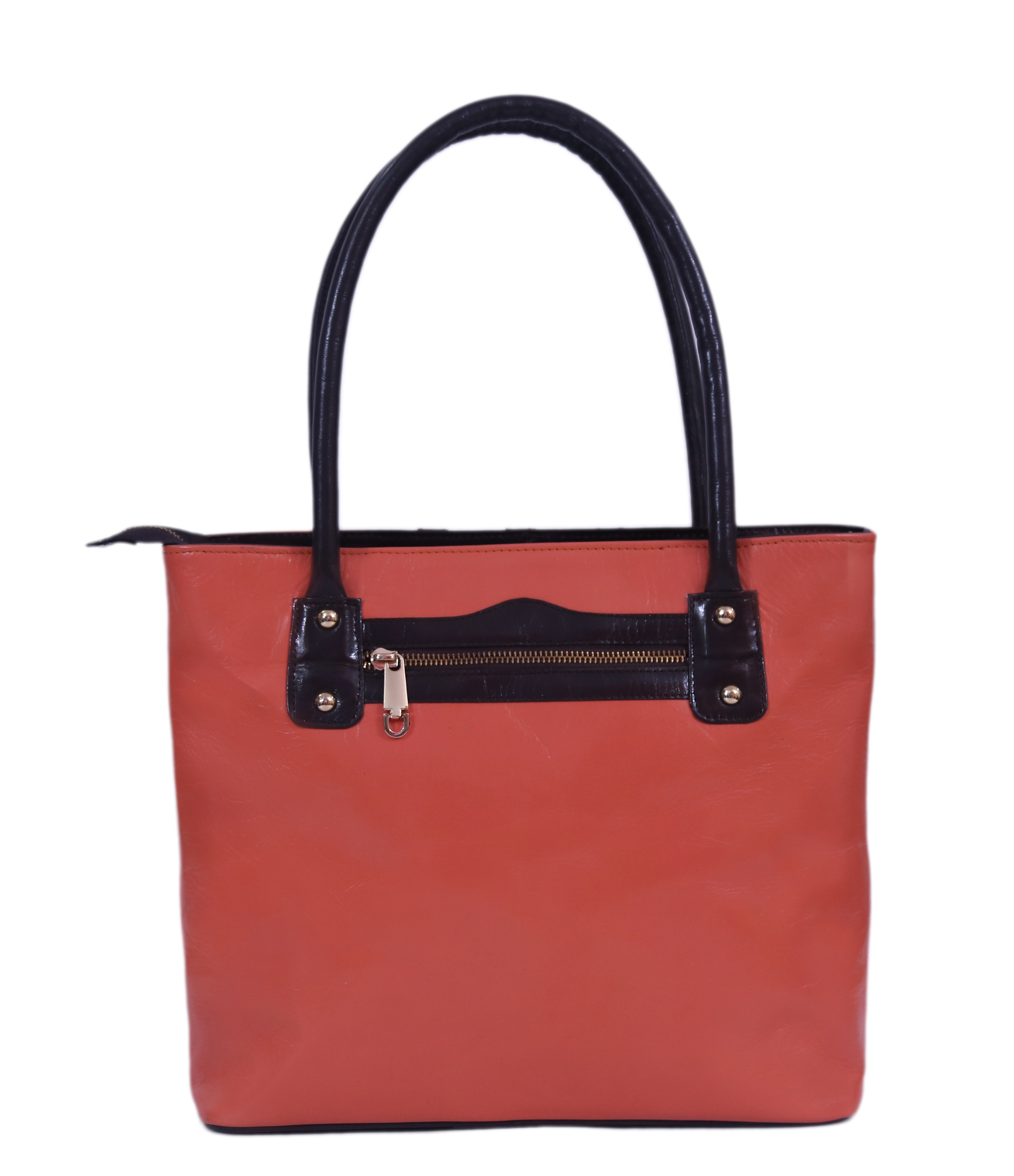 Leather Handbag - 100% Genuine Leather, Orange And Black | Gold-tone Hardware, 2 Zipper Pockets, 2 Cash Pockets, Zip Top Fastening