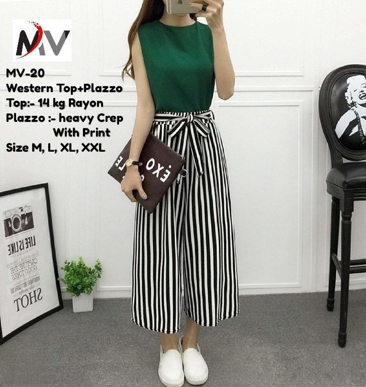 Western Top Plazoo - Heavy Rayon Top 22 Inch, Heavy Crepe Palazzo With Belt | Digital Print, Comfortable Fit, Inner Top