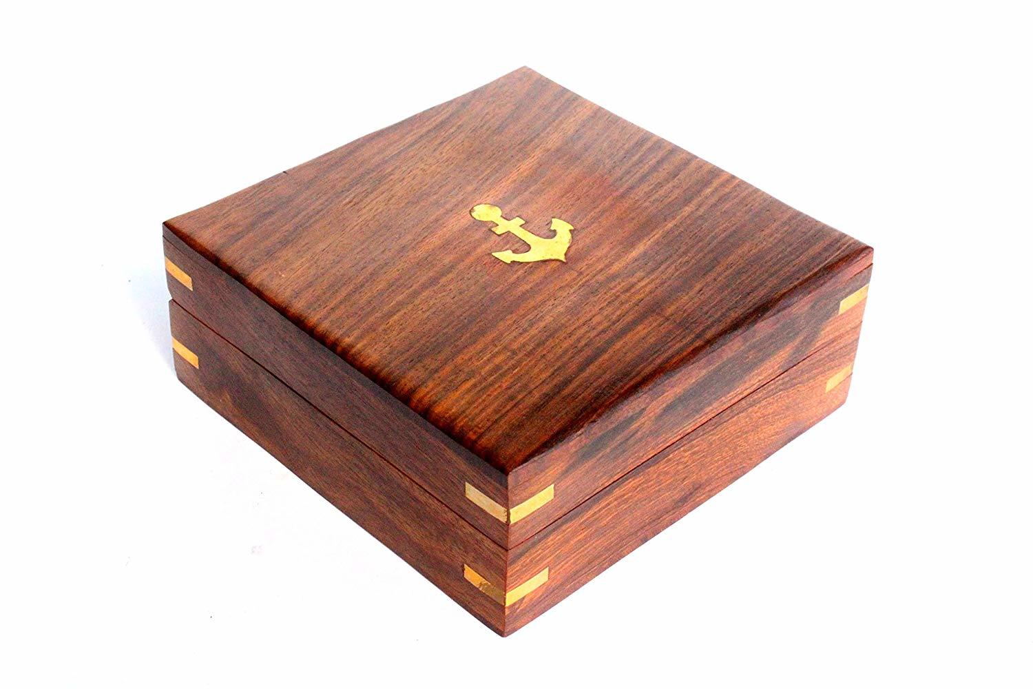 Captain Brass Sundial Compass With Hardwood Wooden Box 4''