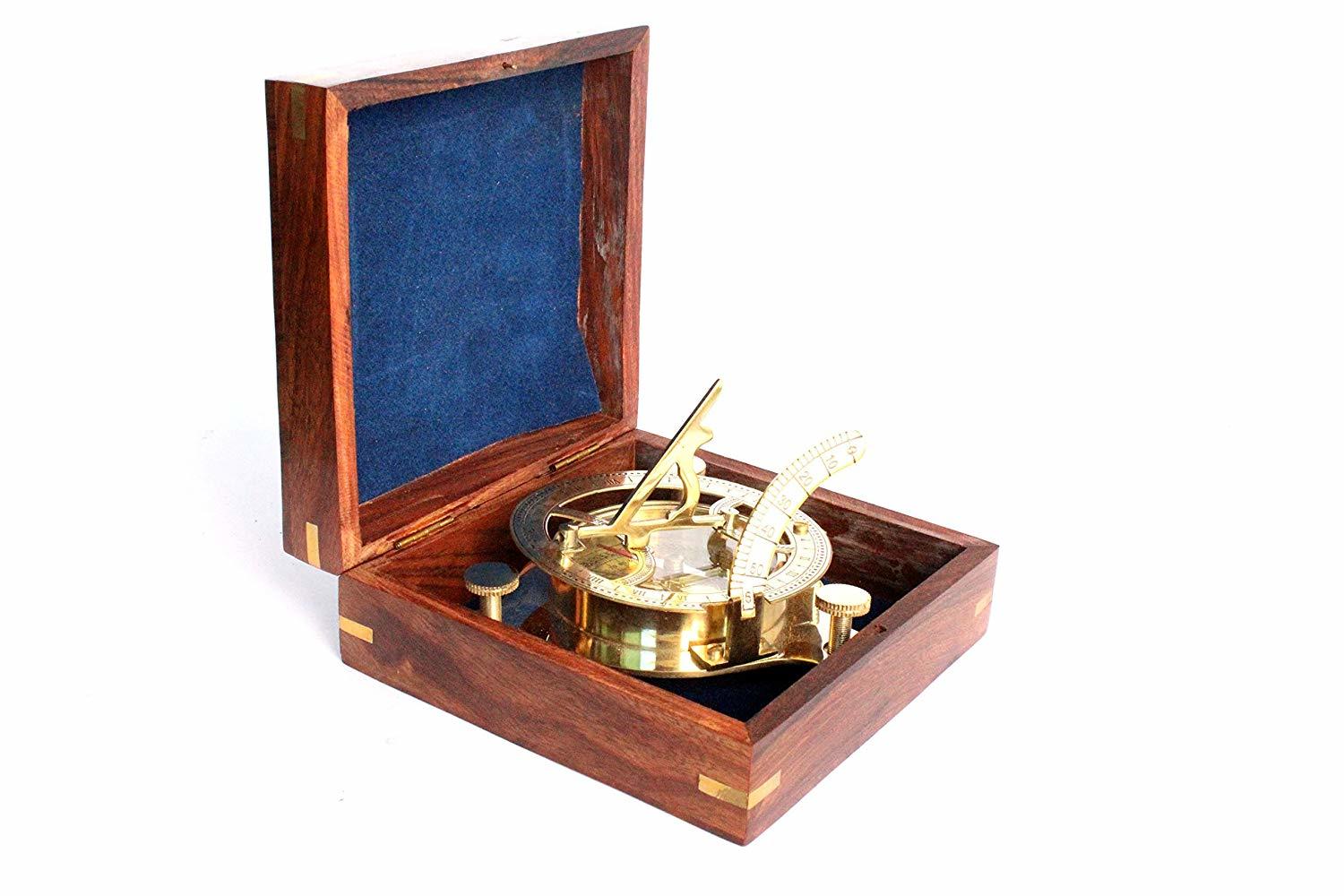 Captain Brass Sundial Compass With Hardwood Wooden Box 4''