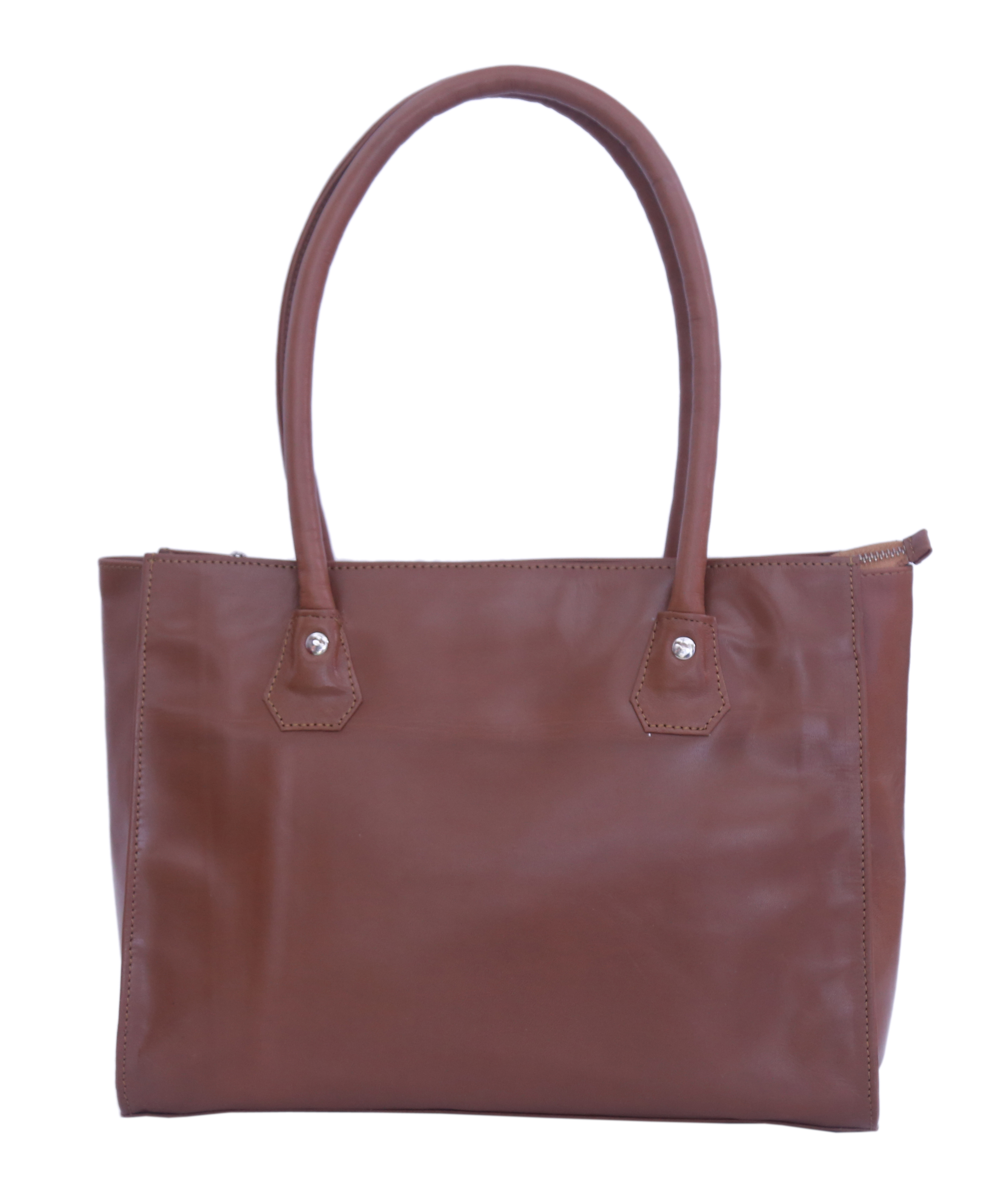 Leather Handbag - 100% Genuine Leather, Brown Color | Zip Top Fastening, Silver-tone Hardware, 1 Zipper Pocket, 2 Cash Pockets