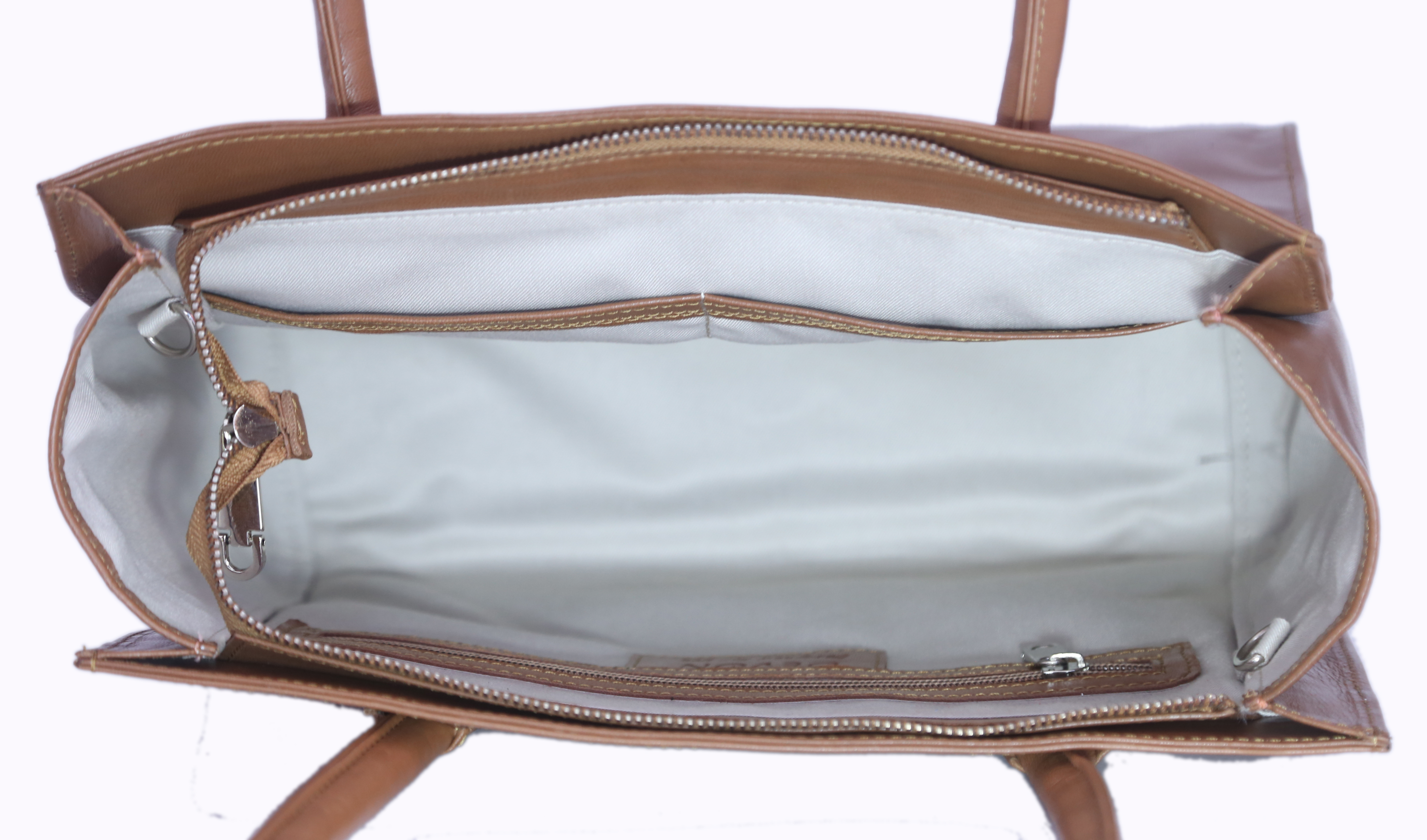 Leather Handbag - 100% Genuine Leather, Brown Color | Zip Top Fastening, Silver-tone Hardware, 1 Zipper Pocket, 2 Cash Pockets